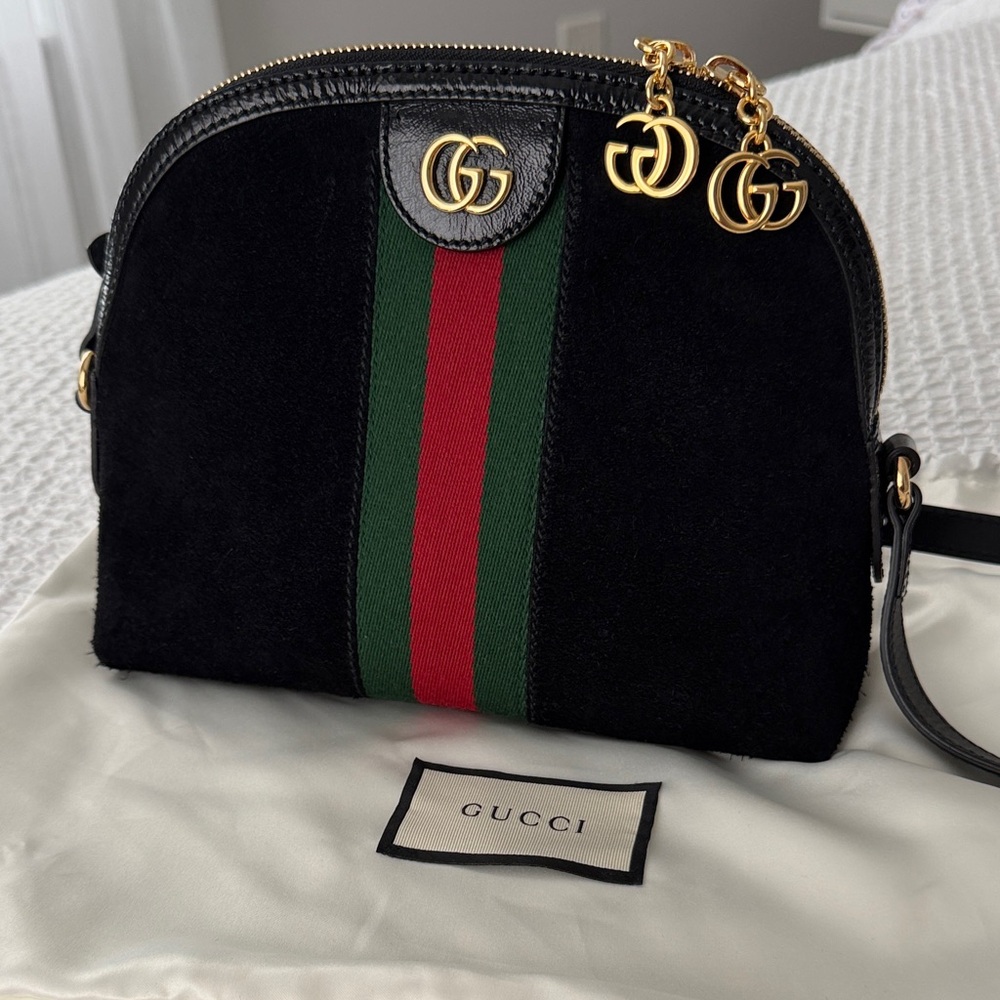 Gucci Ophidia Black Suede Crossbody Bag with Green and Red Stripe